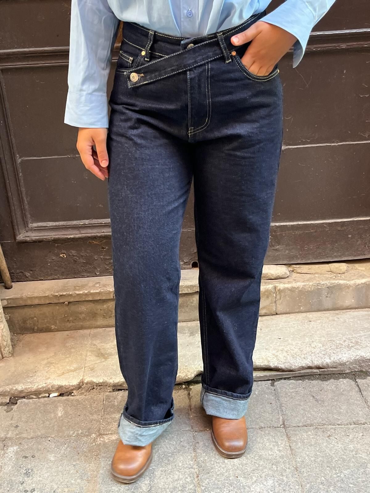 Çapraz Belli Yüksek Bel kot pantolon