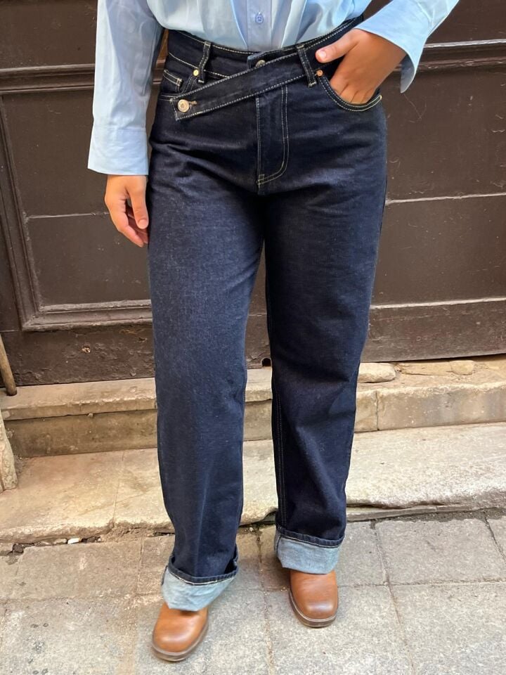 Çapraz Belli Yüksek Bel kot pantolon